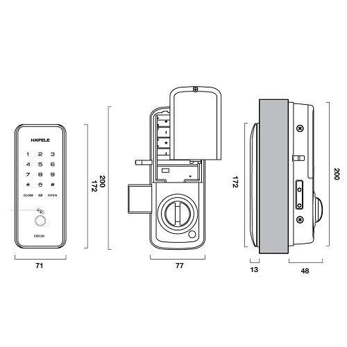 Kích thước khóa điện tử Hafele ER5100 912.20.200