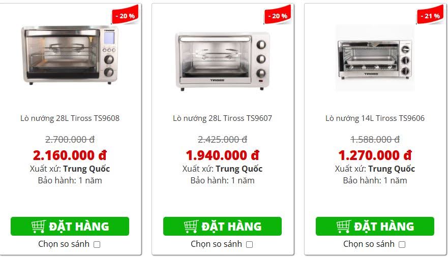 Giá cả và bảo hành lò nướng tiross