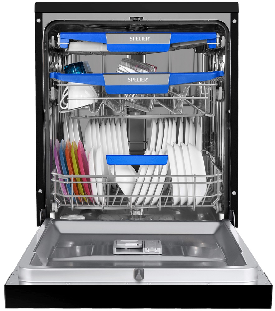 Vỏ ngoài máy rửa bát Spelier chủ yếu được chế tạo từ inox 304 hoặc thép phủ sơn tĩnh điện mang đến màu sắc đa dạng như trắng, đen, xám nhám, phù hợp với nhiều phong cách bếp khác nhau.