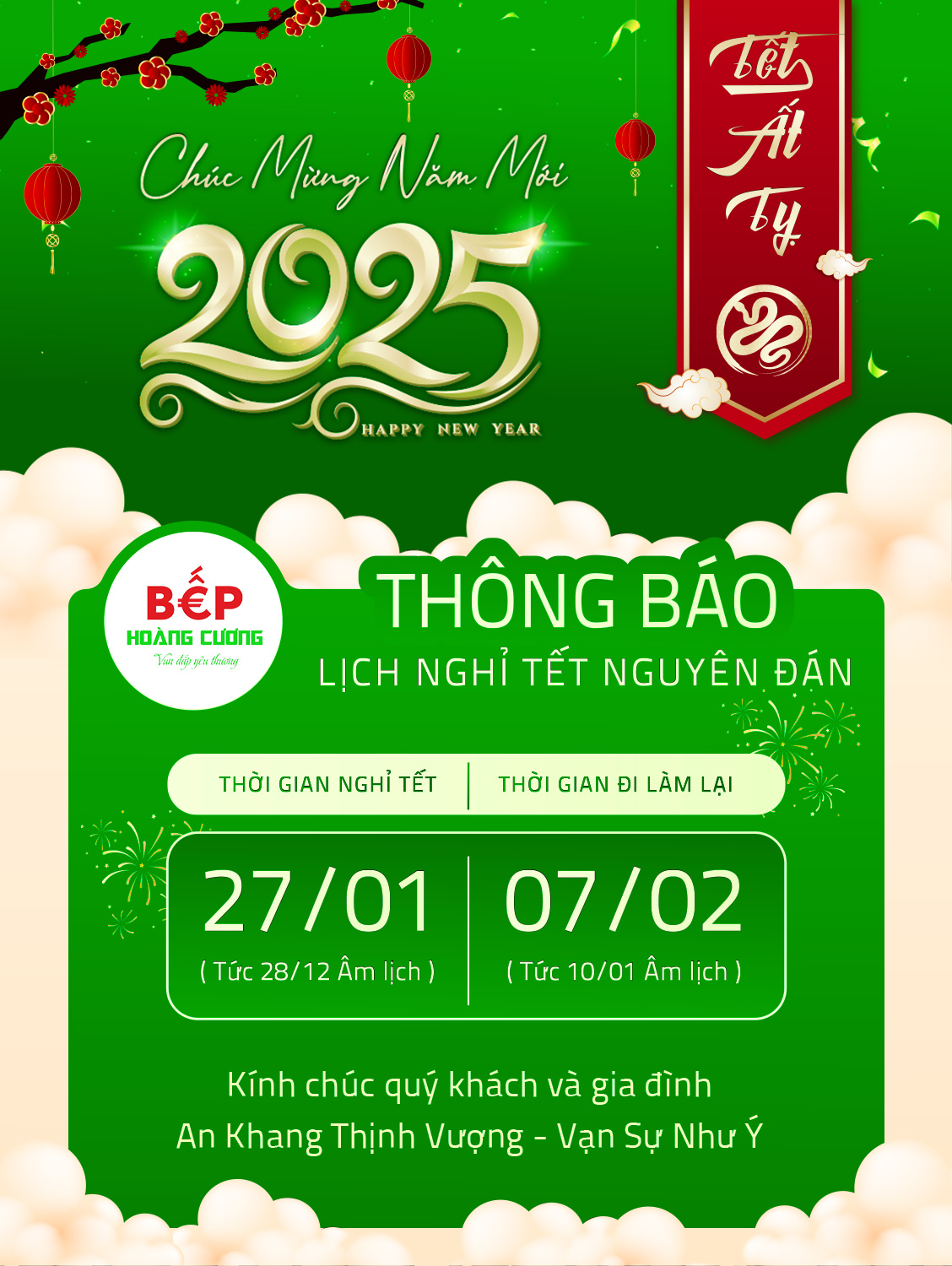 Bếp Hoàng Cương - Thông báo Lịch nghỉ Tết Nguyên Đán 2025