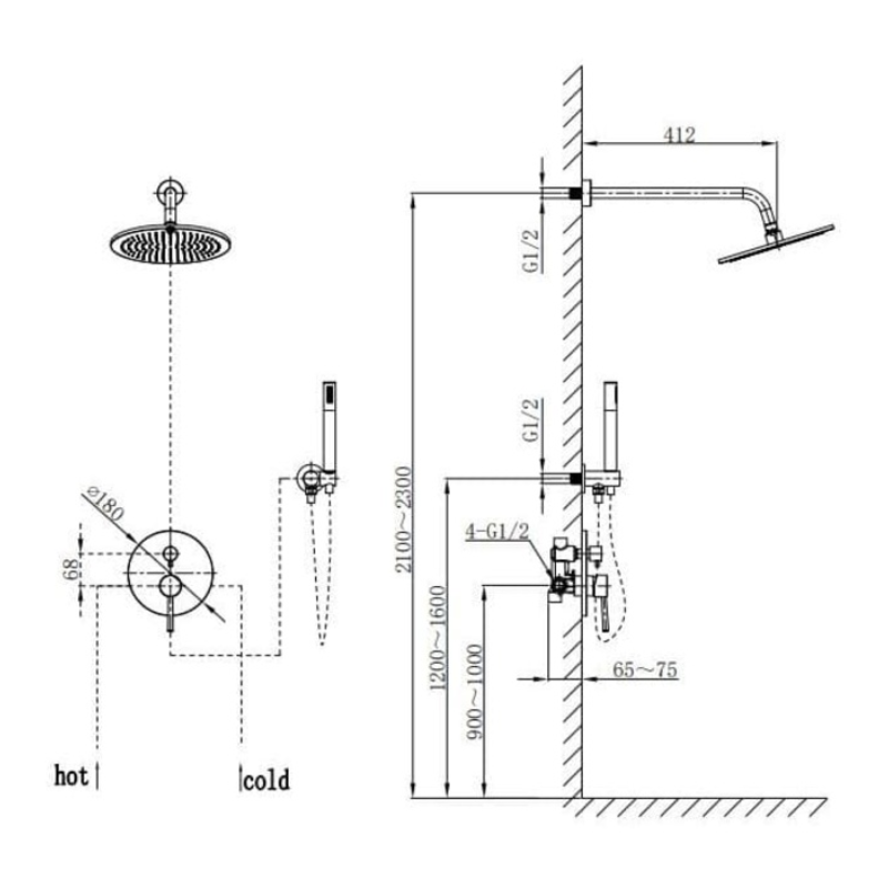 Kích thước sen tắm âm tường nóng lạnh Paul Schmitt PA601W