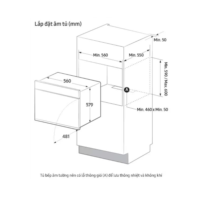 Kích thước lò nướng âm tủ 76 lít Samsung Bespoke NV7B6675CAA/SV