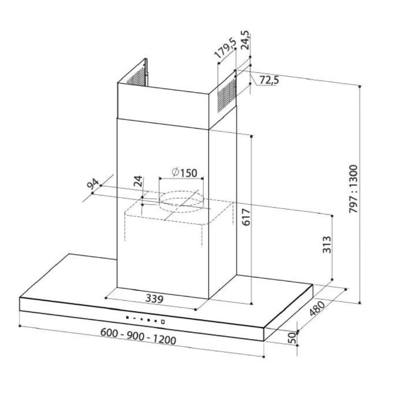 Kích thước máy hút mùi áp tường Upscale P5 WALL MOUNT