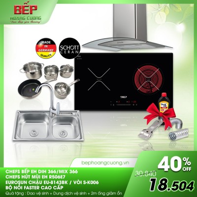 Combo bếp điện từ Chefs EH-MIX366 + hút mùi EH-R506E7 + chậu Eurosun EU-8143BK + vòi S-K006 + bộ nồi Faster Melody 
