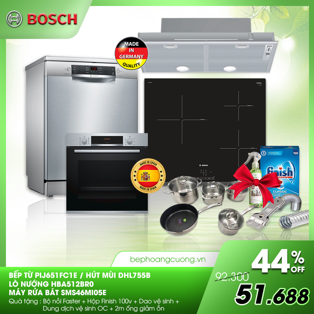 Combo bếp từ Bosch PIJ651FC1E + hút mùi DHL755B + lò nướng HBA512BRO + máy rửa bát SMS46MI05E